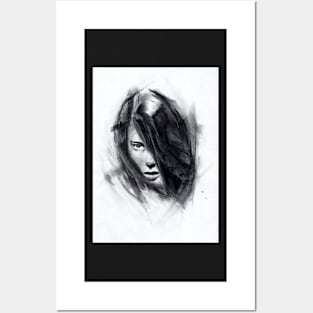 charcoal drawing of girl hiding behind her hair Posters and Art